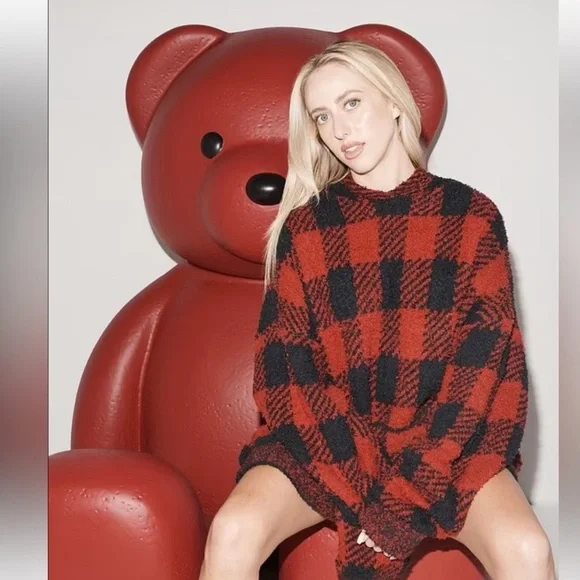 ♥️SKIMS COZY KNIT UNISEX HOODIE BUFFALO CHECK BRICK ONYX 4X/5X - Picture 2 of 8